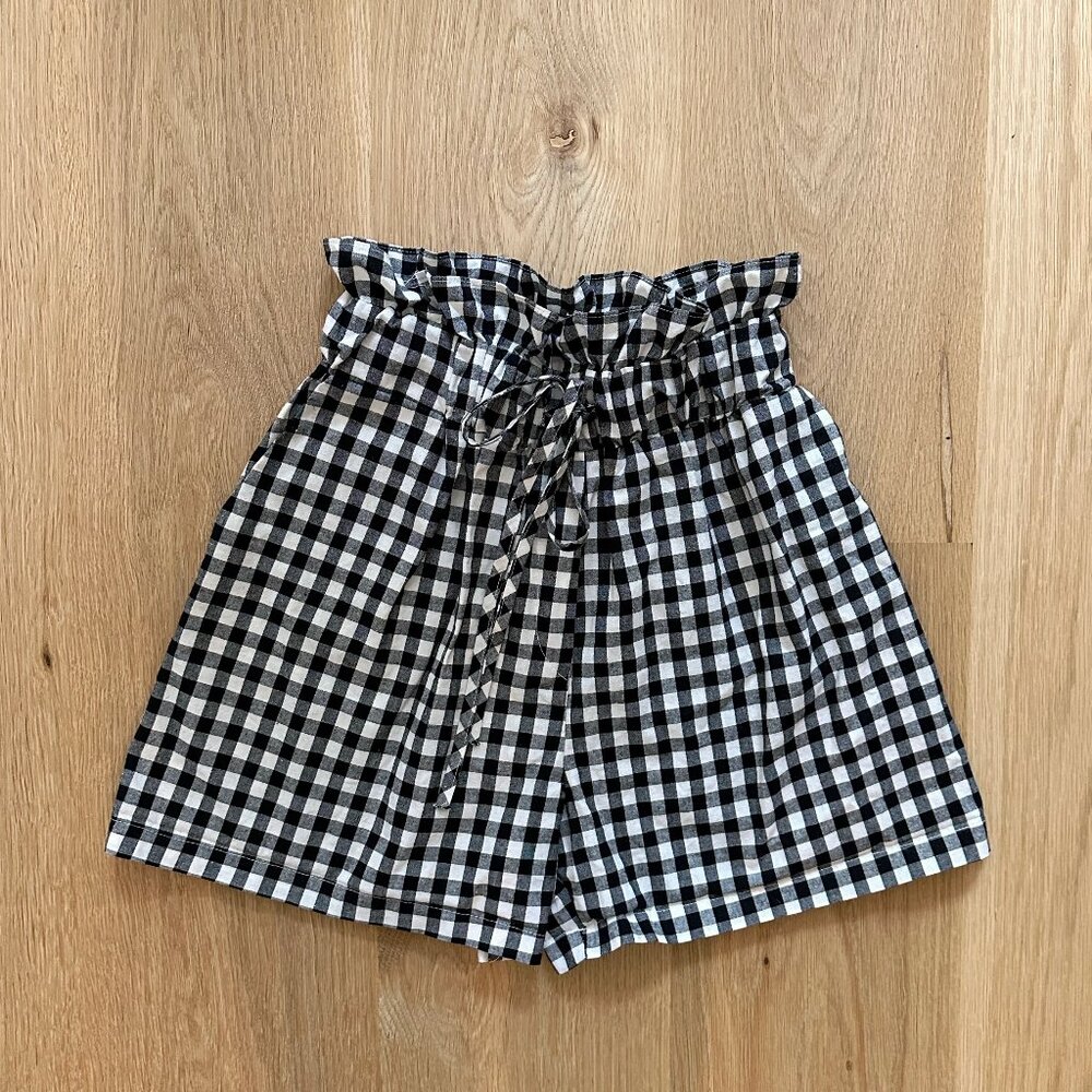 Gingham High Waist Paperbag Shorts, Size XS